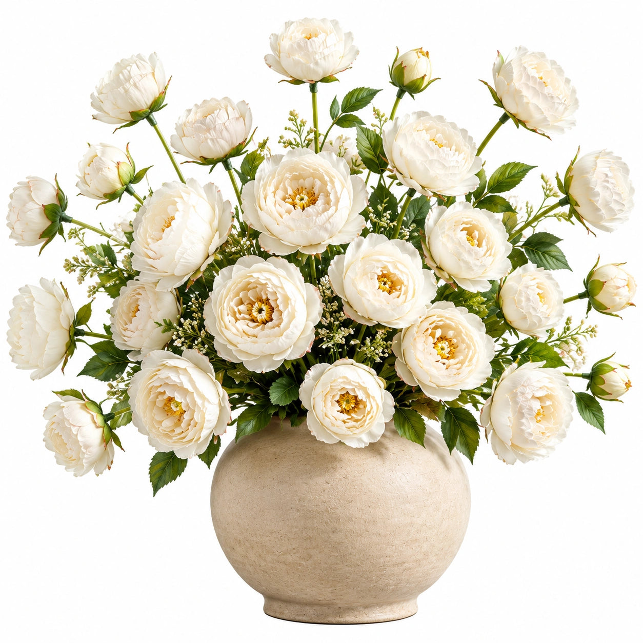 Arreglo de Peonías Artificiales Blancas en Florero de Cerámica