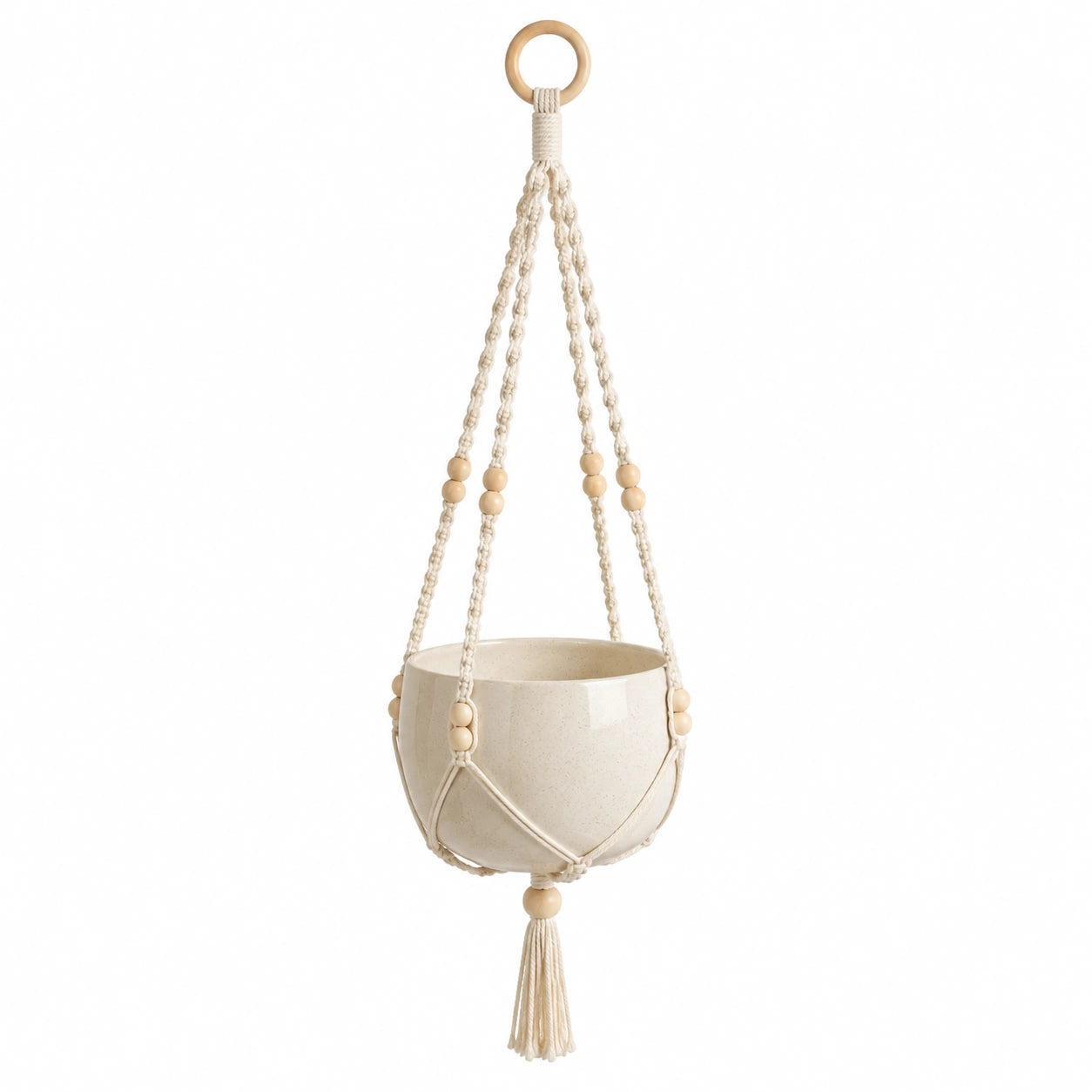 Macetero Colgante Beige con Cuerda y Anillo de Madera