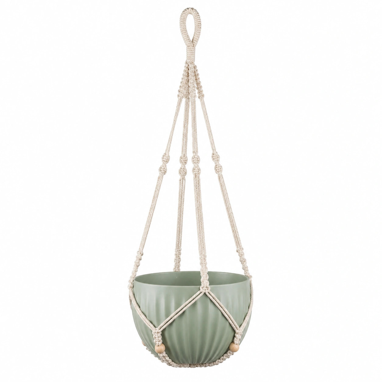 Macetero colgante de macramé verde y beige para interior y exterior